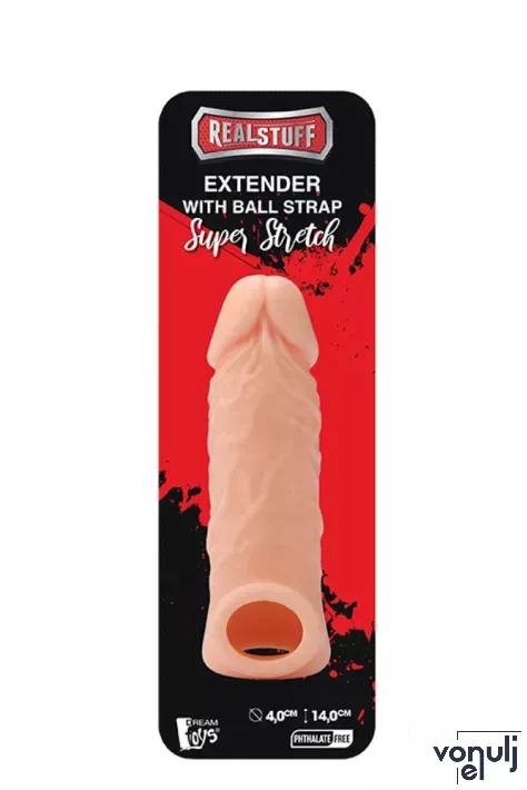 REALSTUFF péniszköpeny Extender With Ball Strap 5,5" - realisztikus, testszínű, erezett felületű, vízálló (14 cm)