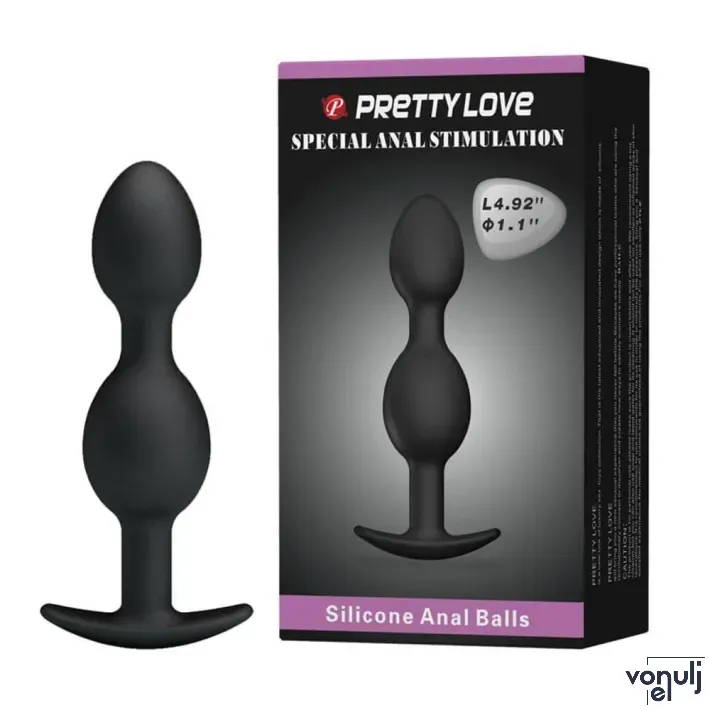 PRETTY LOVE análbot Heavy Balls Silicone Butt Plug 3 - fekete színben, fémgolyókkal ellátva, vízálló,12,5 cm