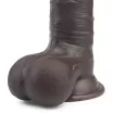 LOVETOY élethű dildó 8" SLIDING SKIN - közepes méretű, vastag, teljes méretű herékkel, kétrétegű, letapasztható, csúsztatható bőrű, sötét, TPE (20 cm)