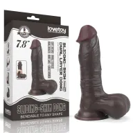 LOVETOY élethű dildó 8" SLIDING SKIN - közepes méretű, vastag, teljes méretű herékkel, kétrétegű, letapasztható, csúsztatható bőrű, sötét, TPE (20 cm)