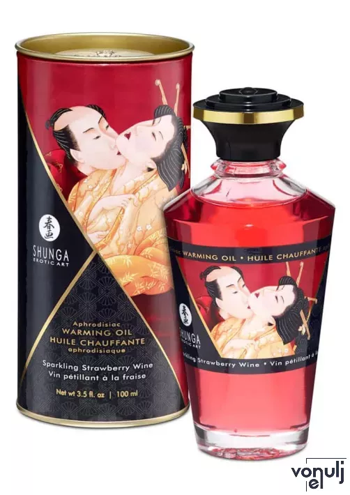 SHUNGA masszázsolaj Aphrodisiac Oils Strawberry Wine 100 ml - eper és pezsgő illattal, melegítő hatással
