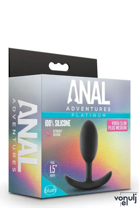 BLUSH fenékdugó Anal Adventures Vibra Slim Plug Medium - fekete színben, rezgő érzést keltő golyókkal, M-méretben, vízálló, szilikon (10.1 cm)