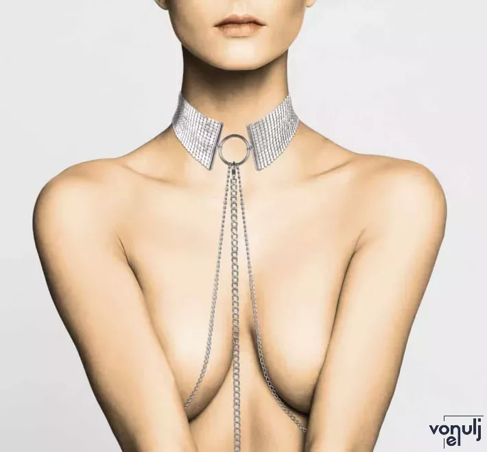 BIJOUX INDISCRETS nyakpánt lánccal Désir Métalique Collar - ezüst színben
