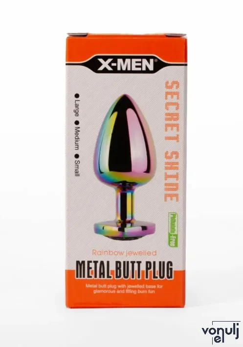 X-MEN fenékdugó Secret Shine Metal Butt Plug Rainbowheart L - szivárvány színben, szivárványos kővel, L-méretben, vízálló, fém (9.5 cm)