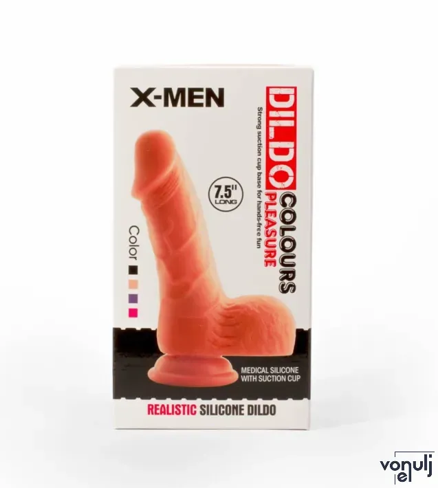 X-MEN élethű dildó 7.5" Colours Pleasure Flesh 1 - Közepes méretű, herékkel, letapasztható, testszínű, szilikon (19 cm)