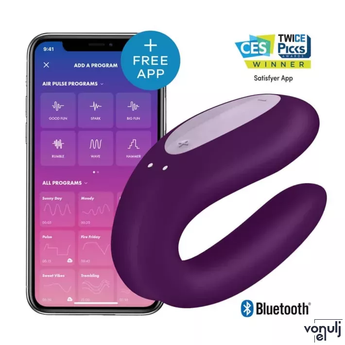 SATISFYER párvibrátor Double Joy - lila színben, vízálló, akkumulátoros, ingyenes applikációval