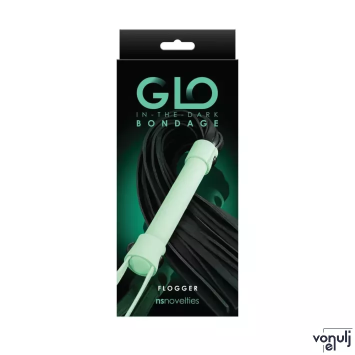 NS NOVELTIES korbács Glo Bondage Flogger Green - fekete-fehér színben, sötétben zölden világító nyéllel