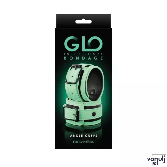 NS NOVELTIES bilincs Glo Bondage Ankle Cuff Green - fekete-fehér színben, sötétben zölden világító, bokára helyezhető