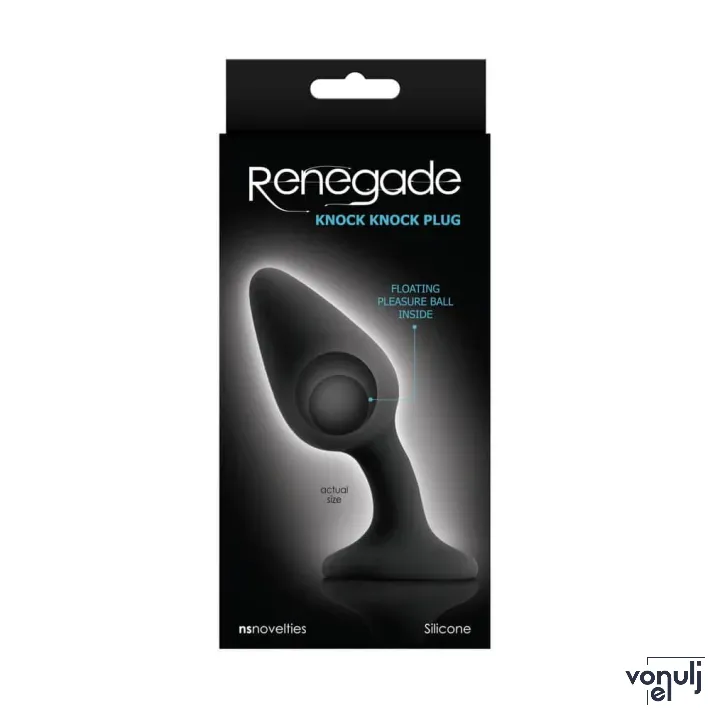 RENEGADE fenékdugó Knock Knock Plug Black - fekete színben, letapasztható, rezgő érzést keltő golyókkal, vízálló, szilikon (12 cm)