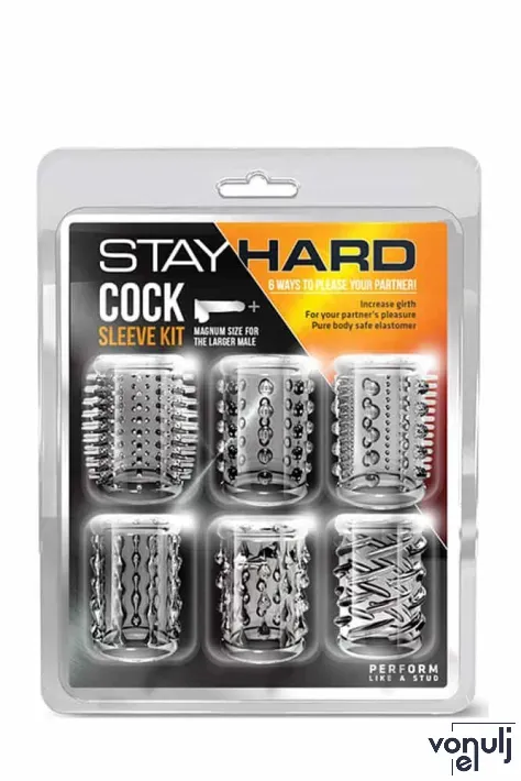 BLUSH péniszmandzsetta szett Stay Hard Cock Sleeve Kit Clear - áttetsző, 6 különböző stimuláló felszínnel, vízálló, (5 cm)