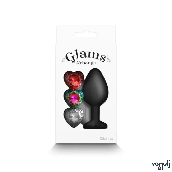 NS NOVETIES fenékdugó Glams Xchange Heart - fekete, cserélhető dísszel, M méretben, szilikon, vízálló, (8,1 cm)