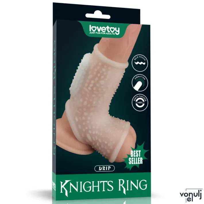 LOVETOY péniszmandzsetta Vibrating Drip Knights Ring with Scrotum Sleeve - fehér színben, vibrációs funkcióval, herére húzható, vízálló, elemes