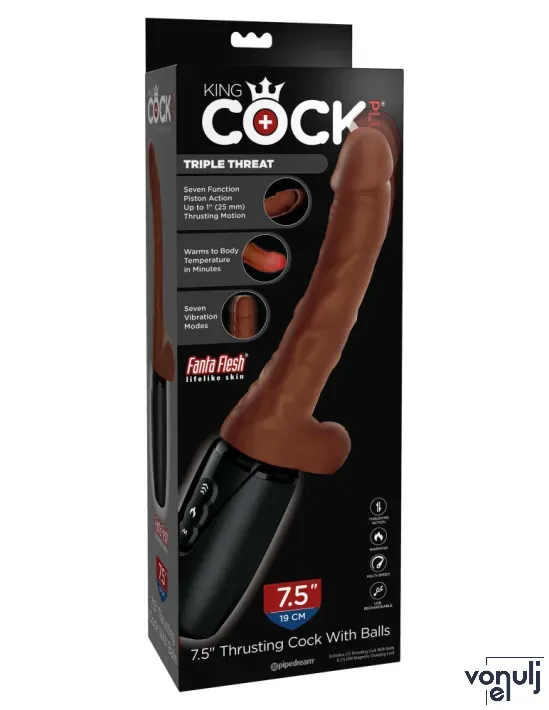 Élethű vibrátor Pipedream 7.5" Thrusting Cock with Balls Brown - akkumulátoros