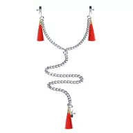 LOVETOY mellbimbó és csikló csipesz Nipple Clit Tassel Clamp With Chain - piros díszítéssel, lánccal