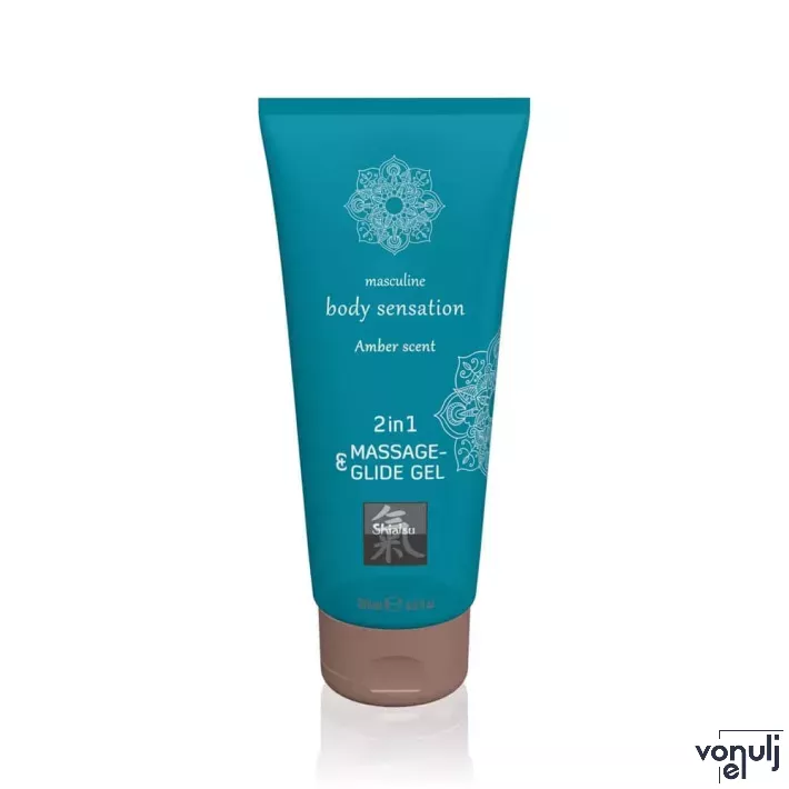 SHIATSU intim síkosító Massage&Glide Gel Amber 200 ml - vízbázisú, masszázshoz is, borostyán illattal, bőrtápláló, óvszerhez és segédeszközhöz is
