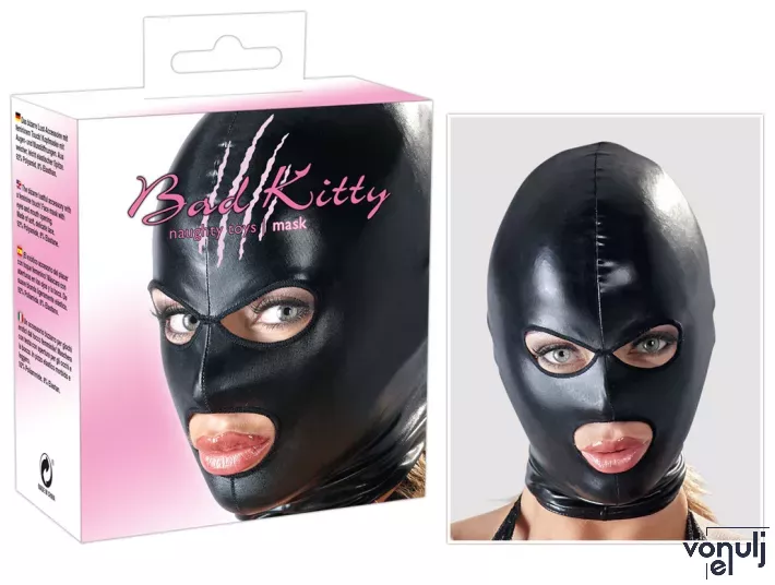 BAD KITTY fetish maszk Mask Black 2 - fekete színben, szem és szájrésznél nyitott