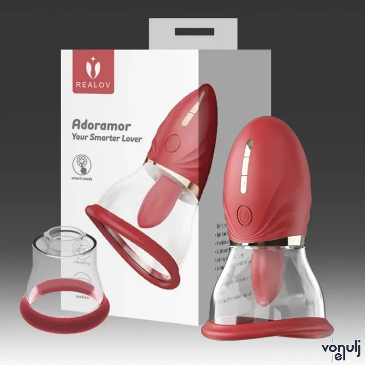RELOVE rezgő csiklóizgató Adoramar Magic Tongue Pleasure Red (two cups) - dupla stimulálóval, piros színben, vízálló, akkumulátoros