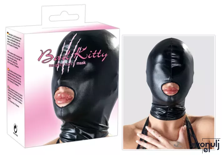 BAD KITTY fetish maszk Mask Black 1 - fekete színben, szájrésznél nyitott