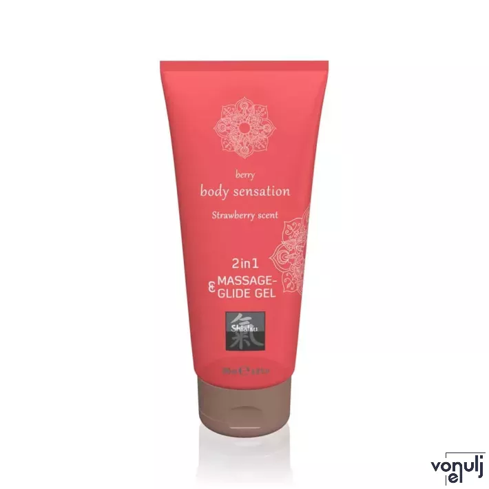 SHIATSU intim síkosító Massage&Glide Gel Strawberry 200 ml - vízbázisú, masszázshoz is, eper illattal, bőrtápláló, óvszerhez és segédeszközhöz is