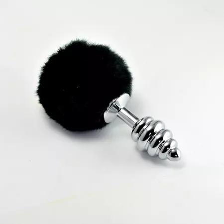 LOVETOY fenékdugó Spiral Pompon Metal Plug Black - ezüst színben, fekete pomponnal, spirális felszínnel, vízálló, fém (7 cm)