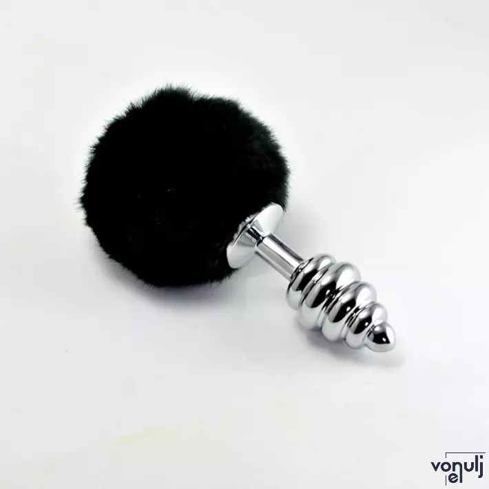 LOVETOY fenékdugó Spiral Pompon Metal Plug Black - ezüst színben, fekete pomponnal, spirális felszínnel, vízálló, fém (7 cm)