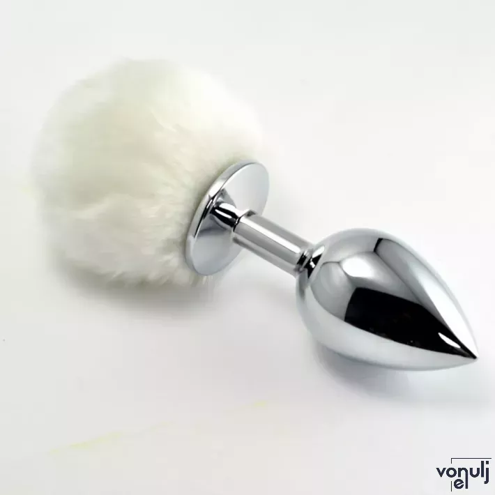 LOVETOY fenékdugó Pompon Metal Plug Small White - ezüst színben, fehér pompon farokkal, S-méretben, fém (7 cm)