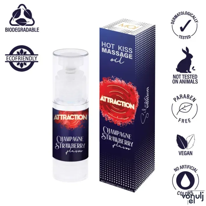 MAI ATTRACTION masszázsolaj Massage Oil Attraction Champagne & Strawberry 50 ml - vegán, ehető, eper és pezsgő ízű, melegítő hatású