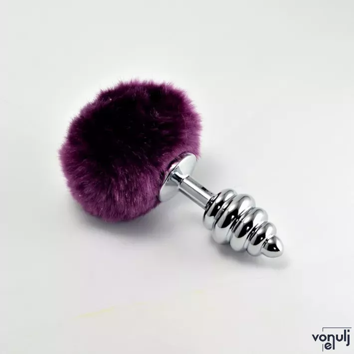 LOVETOY fenékdugó Spiral Pompon Metal Plug Purple - ezüst színben, lila pomponnal, spirális felszínnel, vízálló, fém (7 cm)