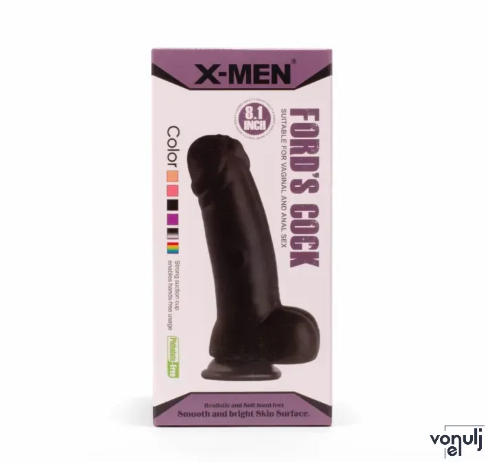 X-MEN élethű dildó Ford's 8.1" Cock Black - Közepes méretű, herékkel, letapasztható, fekete,  PVC (20 cm)