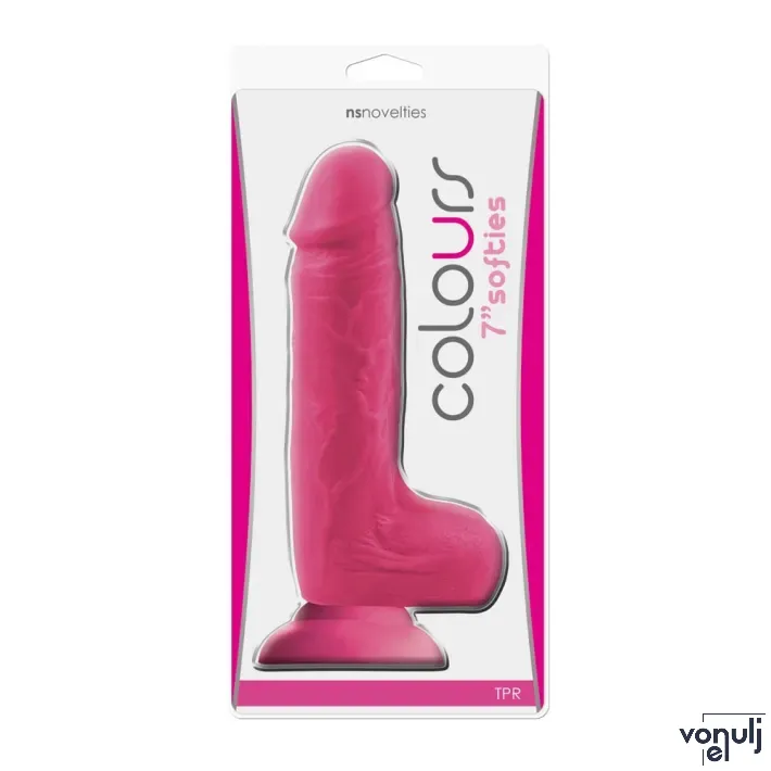 NS NOVELTIES élethű dildó 7" COLOURS-SOFTIES - közepes méretű, puha tapintású, TPR anyag, herékkel, letapasztható, pink (18 cm)