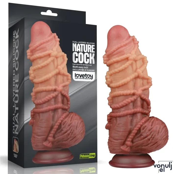 LOVETOY élethű dildó 9.5'' Dual layered Platinum Silicone Cock with Rope - nagy méretű,sötét színben,kétrétegű,letapasztható,vízálló,szilikon(24 cm)