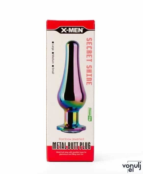 X-MEN fenékdugó Secret Shine Metal Blug Plug Rainbow L - szivárvány színben, szivárványos kővel, L-méretben, vízálló, fém (12.9 cm)