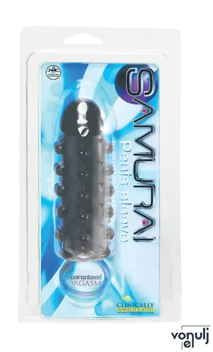 NMC péniszköpeny Samurai Penis Sleeve Black - fekete színben, stimuláló felülettel, rögzítő pánttal, vízálló ( 18.5 cm )