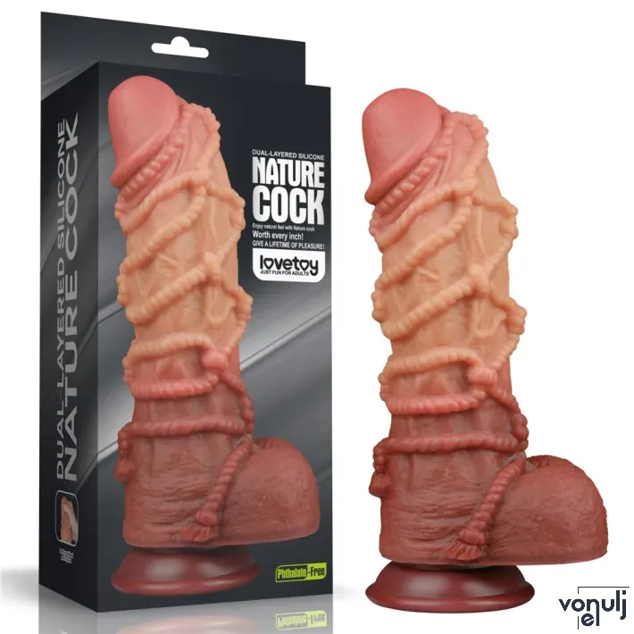 LOVETOY élethű dildó 10'' Dual layered Platinum Silicone Cock with Rope - nagy méretű,sötét színben,kétrétegű,letapasztható,vízálló,szilikon(27 cm)
