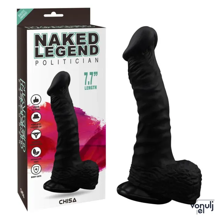 CHISA NOVELTIES élethű dildó Politician-Black - közepes méretű, letapasztható, herékkel, fekete színben, vízálló, szilikon (19,5 cm)