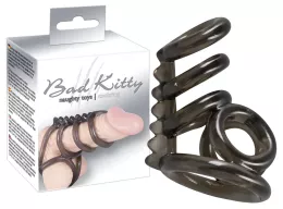 BAD KITTY péniszmadzsetta Cock Ring 3 - fekete színben, négy részes gyűrűs felszínnel, dupla here gyűrűvel, vízálló