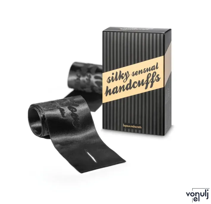 BIJOUX INDISCRETS kötöző Silky Sensual Handcuffs - selymes anyagból, fekete színben