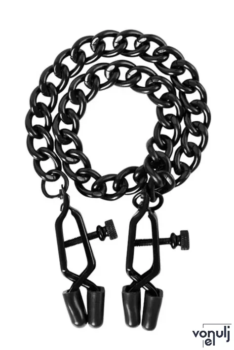 GUILTY PLEASURE mellbimbó csipesz Alabama Crossover Nipple Clamps - fém, fekete színben, láncos, csavarral állítható