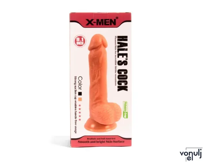 X-MEN élethű dildó Hale's 8,1" Cock Flesh - Közepes méretű, herékkel, letapasztható, testszínű, PVC (20 cm)