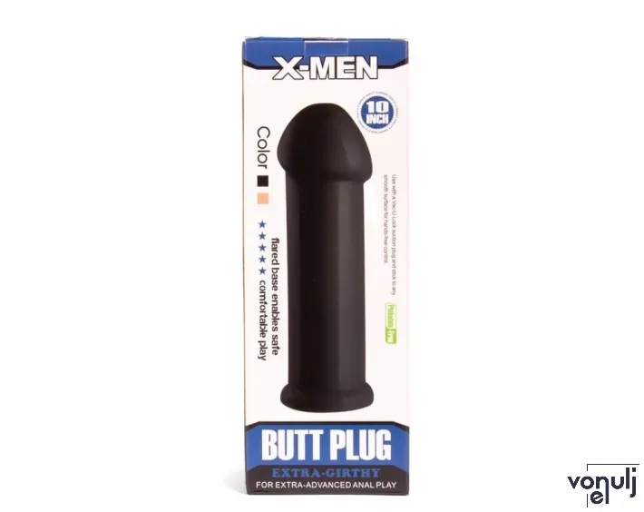 X-MEN fenékdugó 10 inch Butt Plug Black - fekete színben, sima felületű, letapasztható, PVC, 25 cm