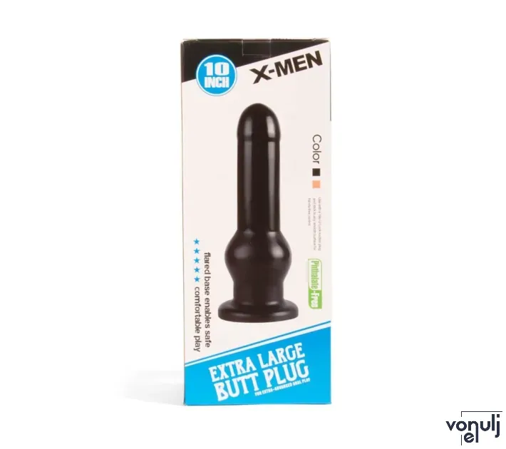 X-MEN fenékdugó 10 inch Butt Plug Black - fekete színben, hajlékony, letapasztható, PVC,  25 cm