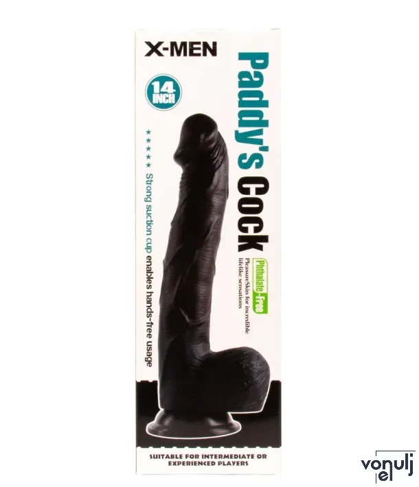 X-MEN hajlított dildó Paddy’s 14 inch Cock Black - realisztikus, fekete színben, letapasztható, vízálló, PVC (35 cm)