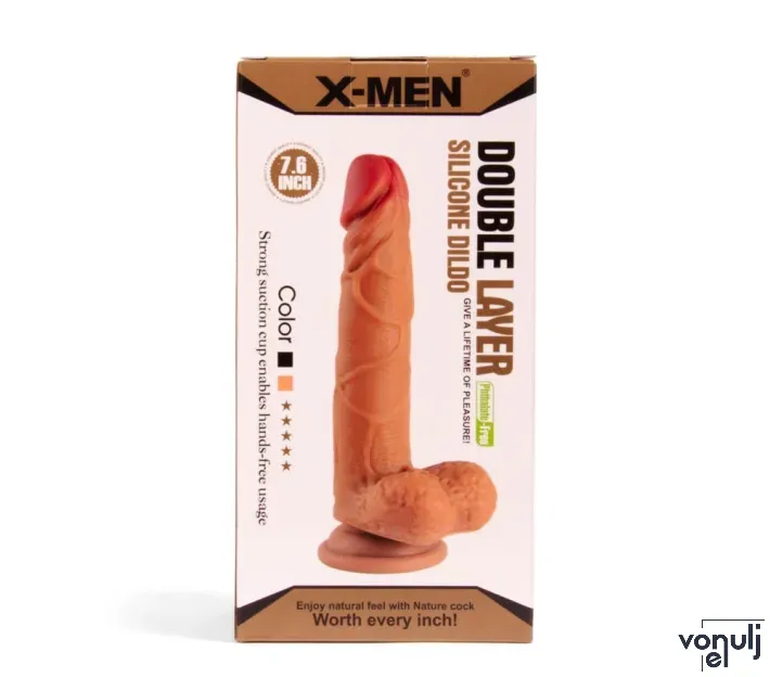 X-MEN élethű dildó 7.6" Double Layer Dildo - Közepes méretű, herékkel, letapasztható, világosbarna, szilikon (19 cm)
