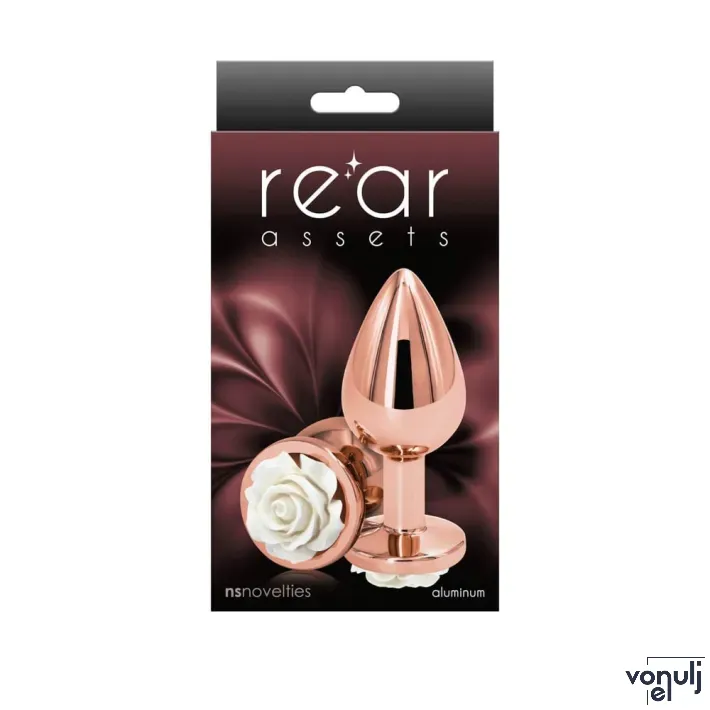 NS NOVELTIES fenékdugó Rear Assets Rose Medium White - rózsaarany színben, fehér rózsával, M-méretben, vízálló, fém (8.6 cm)