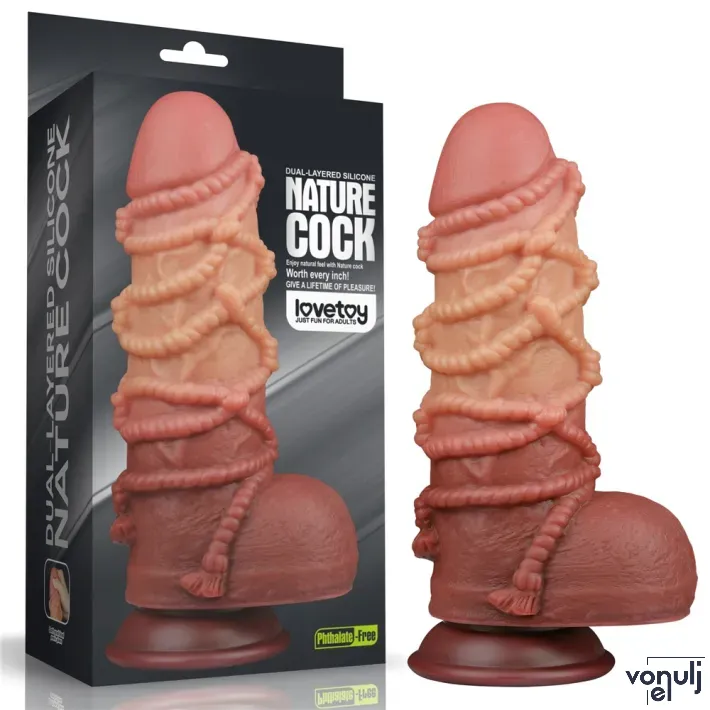 LOVETOY élethű dildó 9.5'' Dual layered Platinum Silicone Cock with Rope - nagy méretű,sötét színben,kétrétegű,letapasztható,vízálló,szilikon(24,5cm)