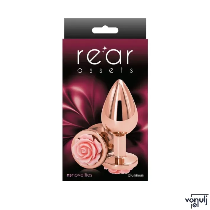 NS NOVELTIES fenékdugó Rear Assets Rose Medium Pink - rózsaarany színben, rózsaszín rózsával, M-méretben, vízálló, fém (8.6 cm)