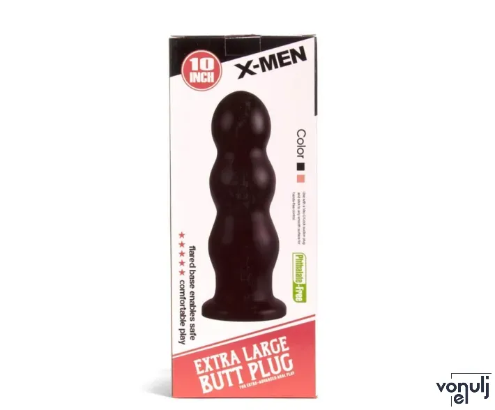 X-MEN fenékdugó 10 inch Butt Plug Black - fekete színben, gömbös stimuláló felszínnel, letapasztható, PVC, 25 cm