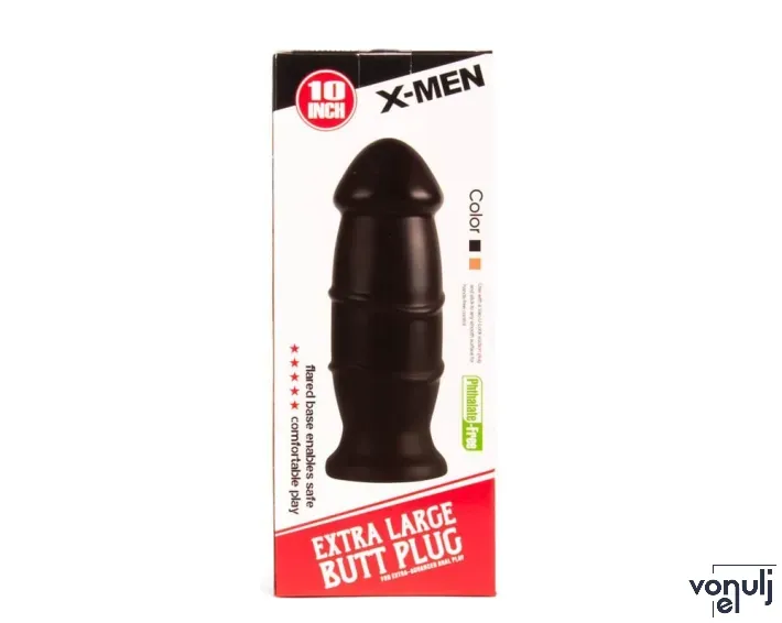 X-MEN fenékdugó 10 inch Butt Plug Black - fekete színben, körkörös stimuláló felszínű, letapasztható, PVC, 25 cm