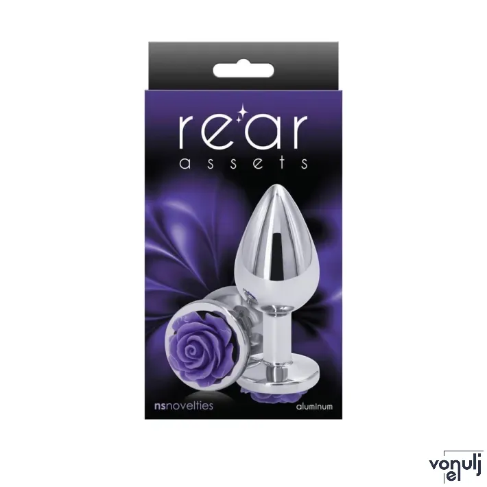 NS NOVELTIES fenékdugó Rear Assets Rose Medium Purple - ezüst színben, lila rózsával, M-méretben, vízálló, fém (8.6 cm)