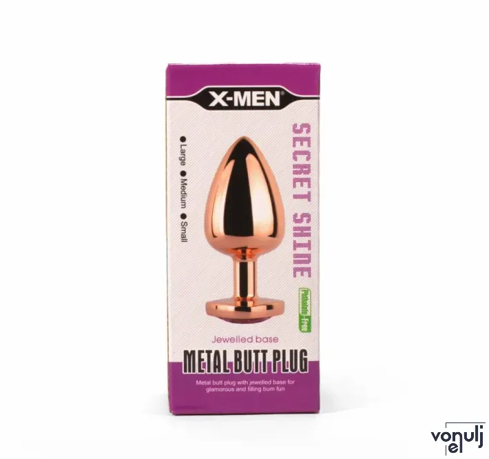 X-MEN fenékdugó Secret Shine Metal Butt Plug Rose Gold Heart L - rózsaarany színben, rózsaszín kővel, L-méretben, vízálló, fém (9.5 cm)